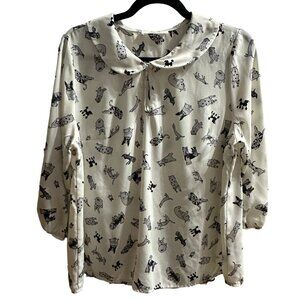 Jessy B size L cream with puppy print Peter Pan collar 3/4 sleeve blouse